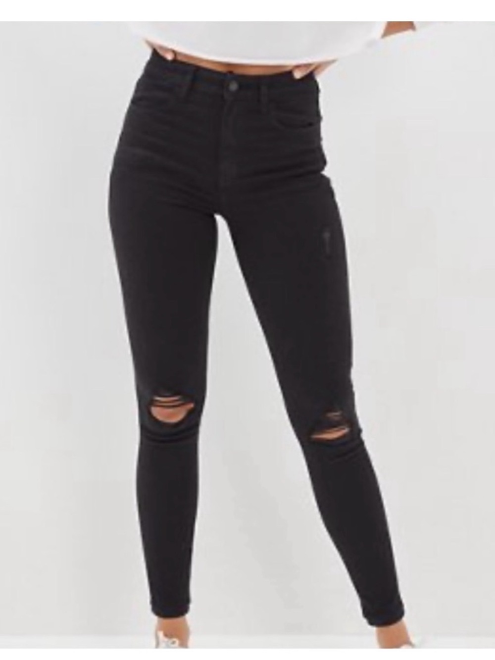 American Eagle Skinny Jeans 4R Super Hi-Rise Jegging Faded Black Ripped Knee